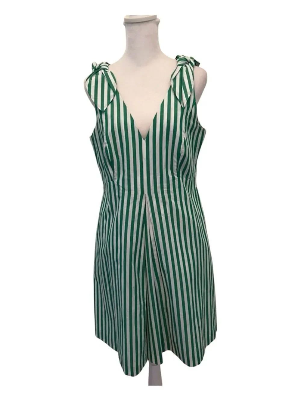 1901 Sz8 100% cotton Green White Striped Sleeveless Dress with shoulder bows EUC